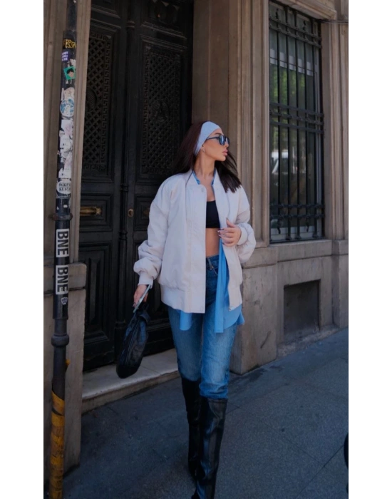 Cepli Bomber Ceket Mont - Beyaz -