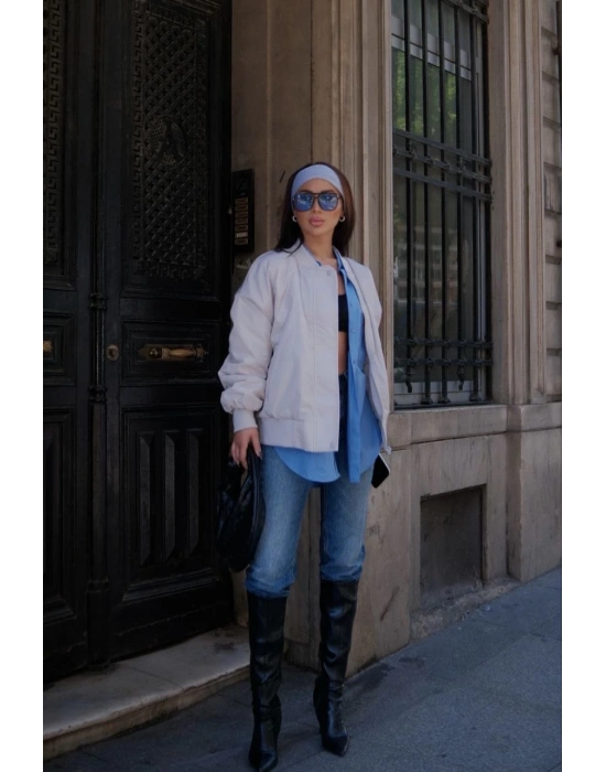 Cepli Bomber Ceket Mont - Beyaz -