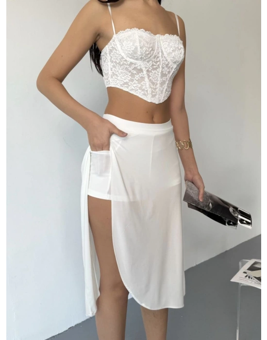 Çepli Şortlu Yırtmaçlı Etek - Beyaz -