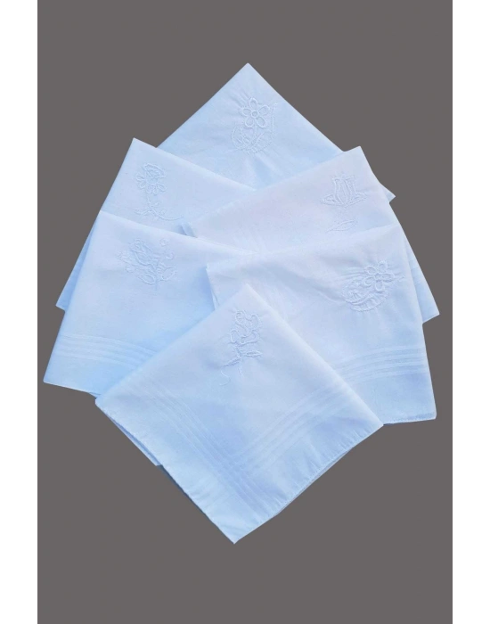 Çiçek İşlemeli 6 lı Bayan Beyaz Mendili 28x28 cm 100 Pamuk