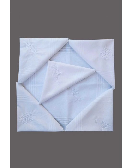 Çiçek İşlemeli 6 lı Bayan Beyaz Mendili 28x28 cm 100 Pamuk
