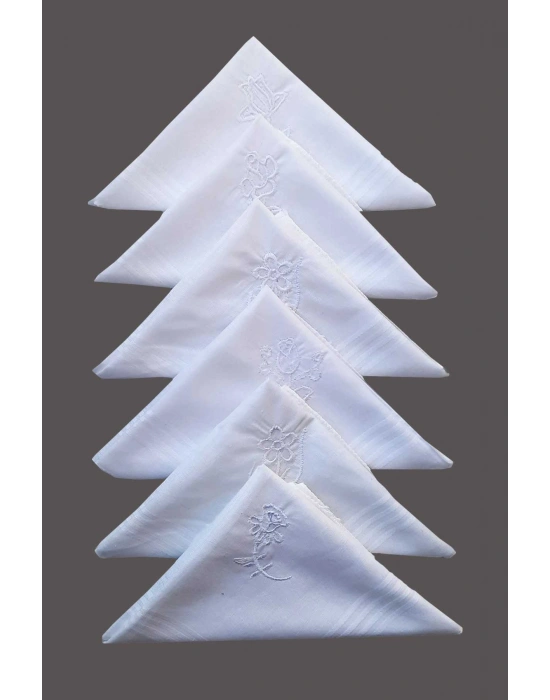 Çiçek İşlemeli 6 lı Bayan Beyaz Mendili 28x28 cm 100 Pamuk