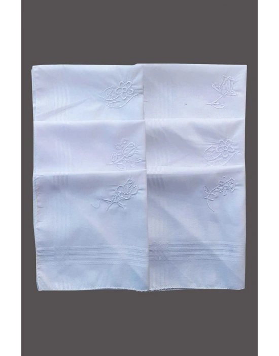 Çiçek İşlemeli 6 lı Bayan Beyaz Mendili 28x28 cm 100 Pamuk