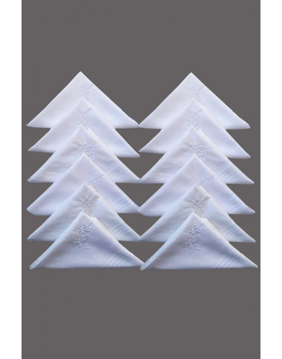 Çiçek İşlemeli Bayan Mendili 12 Adet 28x28 cm 100 Pamuk