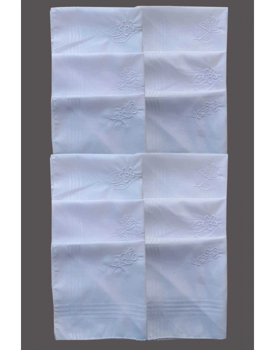 Çiçek İşlemeli Bayan Mendili 12 Adet 28x28 cm 100 Pamuk