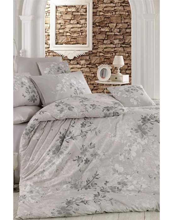 Çift Kişilik Nevresim Takımı Pamuklu Gümüş Çiçek