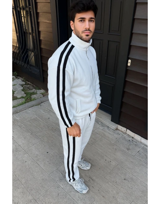 Çift Şeritli Eşofman Takım Dik Yaka Fermuarlı Sweatshirt Boru Paça Alt, Oversize 3 iplik Pamuklu - Beyaz