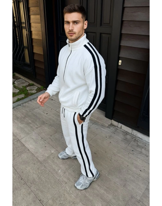 Çift Şeritli Eşofman Takım Dik Yaka Fermuarlı Sweatshirt Boru Paça Alt, Oversize 3 iplik Pamuklu - Beyaz