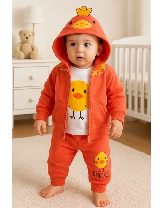 Civciv Desenli Kapişonlu 3lü Erkek Bebek Takımı