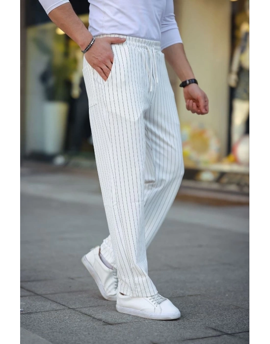 Cizgili Dokuma Krep Jogger Buggy Pantalon Rahat kalıp - Beyaz