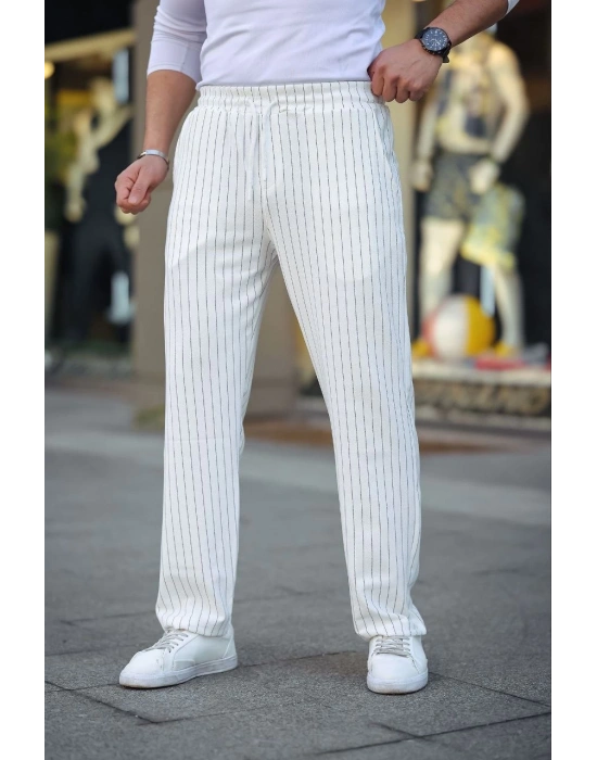 Cizgili Dokuma Krep Jogger Buggy Pantalon Rahat kalıp - Beyaz