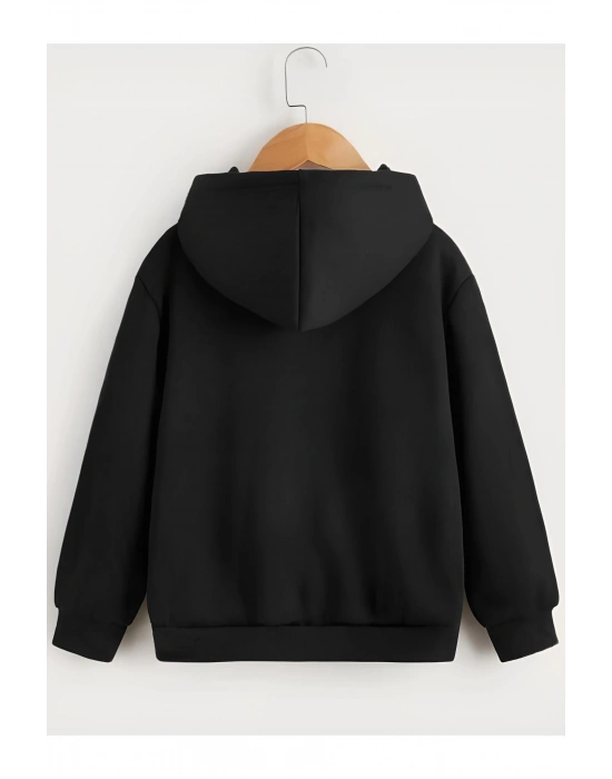 Çocuk   Kapüşonlu Çizgi Kalp Baskılı Sweatshirt - Siyah