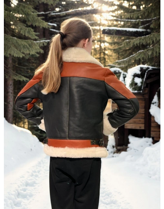 Çocuk Yakalı Parçalı Kürk - Kiremit