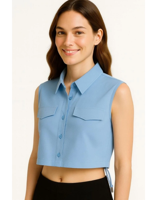 Crop Poplin Gömlek Yalancı Cepli, Ayarlanabilir Yan Kordonlu, - Bebe Mavisi -