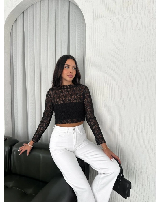 Dantel Uzun Kol Bluz- Siyah -