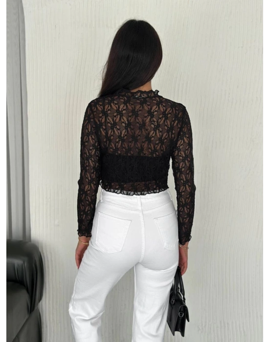 Dantel Uzun Kol Bluz- Siyah -