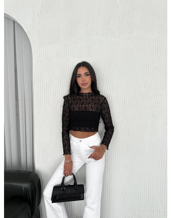 Dantel Uzun Kol Bluz- Siyah -
