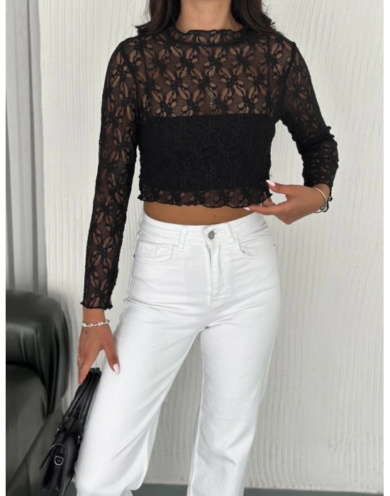 Dantel Uzun Kol Bluz- Siyah -