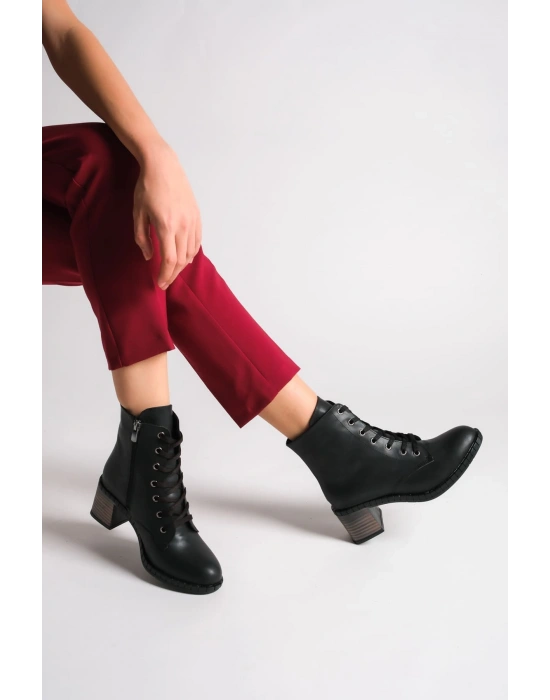 DIANA Bağcıklı Fermuarlı Ortopedik Taban Topuklu Kadın Bot CST - Siyah