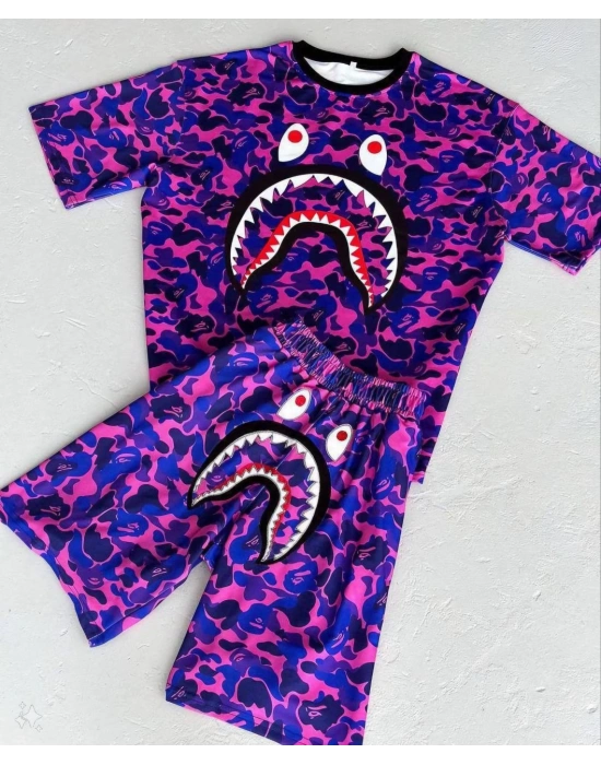 Dijital Baskılı Şortlu Takım - Mor -
