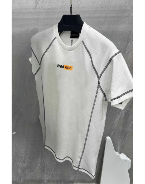 Dikişli Baskılı Oversize T-Shirt - Beyaz -