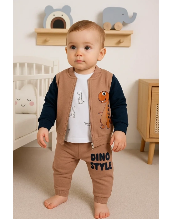 Dinazor Desenli Hırkalı 3lü Erkek Bebek Takım