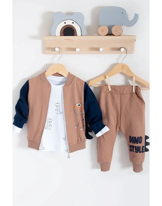 Dinazor Desenli Hırkalı 3lü Erkek Bebek Takım
