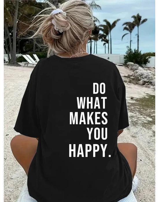 Do What Makes You Happy   Linemen Oversize Baskılı T-shirt - Siyah -