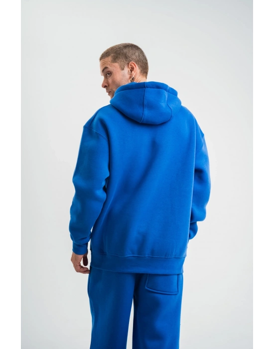 Double Oversize Kapşonlu Basic SweatShirt - Mavi -