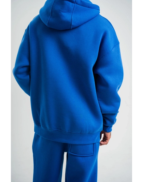 Double Oversize Kapşonlu Basic SweatShirt - Mavi -