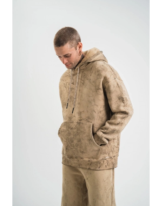 Double Oversize Kapşonlu Yıkamalı SweatShirt - Bej -