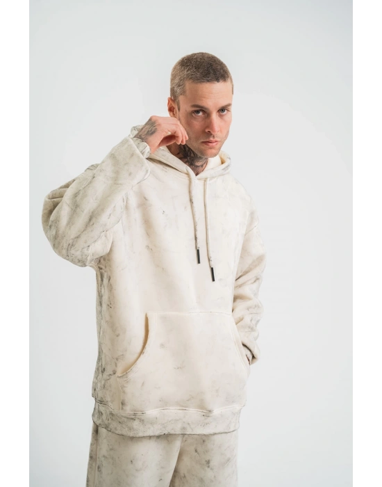 Double Oversize Kapşonlu Yıkamalı SweatShirt - Krem -