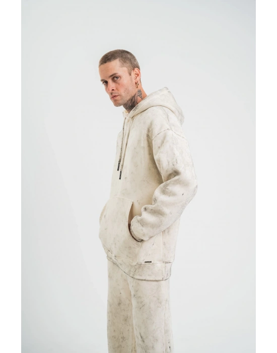 Double Oversize Kapşonlu Yıkamalı SweatShirt - Krem -