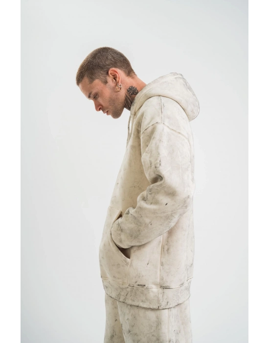 Double Oversize Kapşonlu Yıkamalı SweatShirt - Krem -