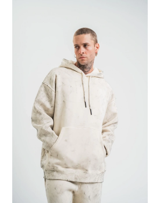 Double Oversize Kapşonlu Yıkamalı SweatShirt - Krem -