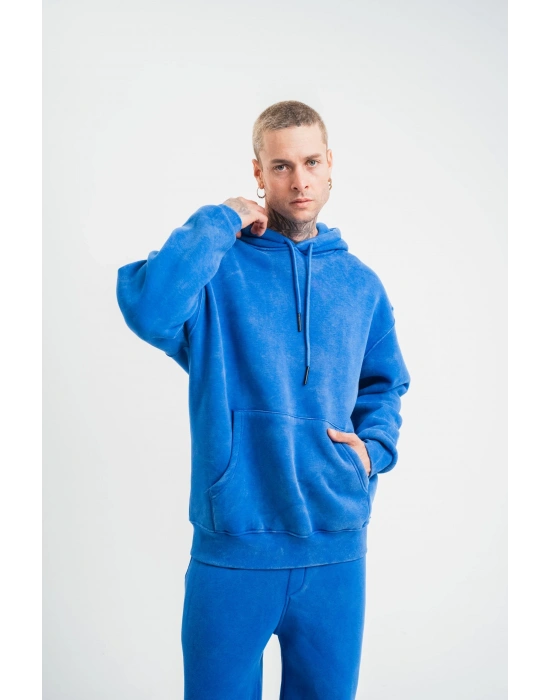 Double Oversize Kapşonlu Yıkamalı SweatShirt - Mavi -