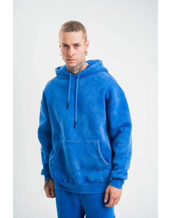 Double Oversize Kapşonlu Yıkamalı SweatShirt - Mavi -