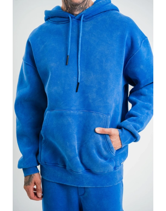 Double Oversize Kapşonlu Yıkamalı SweatShirt - Mavi -