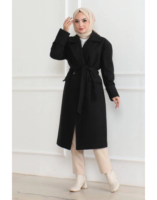 Düğmeli İçi Astarlı Kaşmir Kaşe Kaban - Siyah