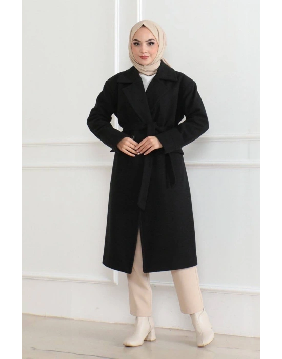 Düğmeli İçi Astarlı Kaşmir Kaşe Kaban - Siyah