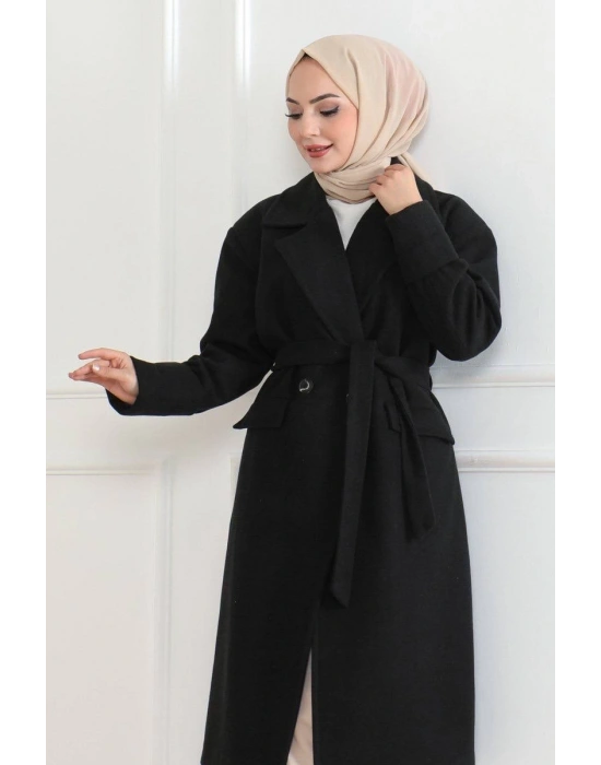 Düğmeli İçi Astarlı Kaşmir Kaşe Kaban - Siyah