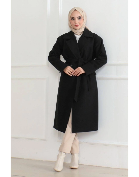Düğmeli İçi Astarlı Kaşmir Kaşe Kaban - Siyah