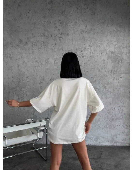 Düz Biskilet Yaka Oversize T-shirt - Beyaz -
