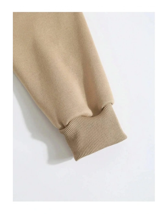 Düz Kapüşonlu Sweat - Bej -