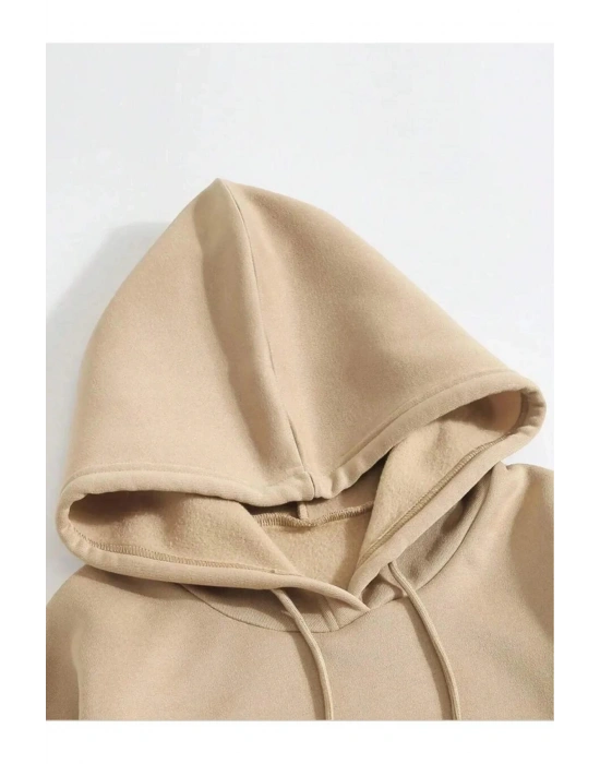 Düz Kapüşonlu Sweat - Bej -