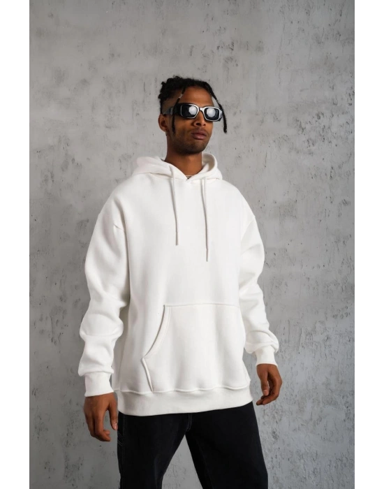 Düz Kapüşonlu Sweat - Beyaz -