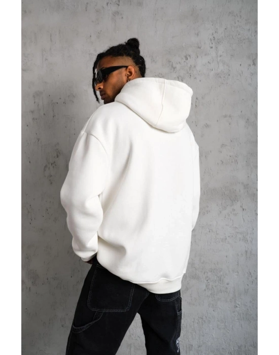 Düz Kapüşonlu Sweat - Beyaz -