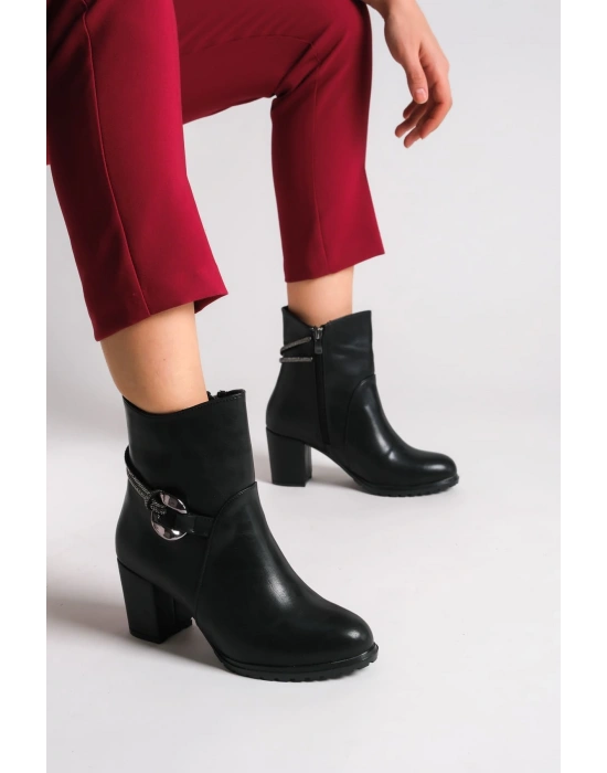EDNA Fermuarlı Ortopedik Taban Taşlı Topuklu Kadın Bot CST - Siyah