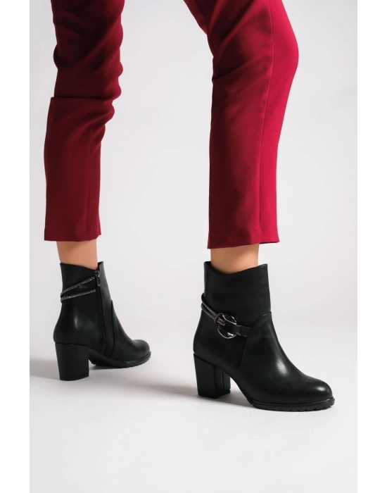 EDNA Fermuarlı Ortopedik Taban Taşlı Topuklu Kadın Bot CST - Siyah