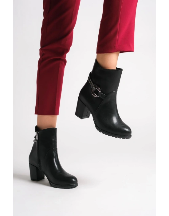 EDNA Fermuarlı Ortopedik Taban Taşlı Topuklu Kadın Bot CST - Siyah